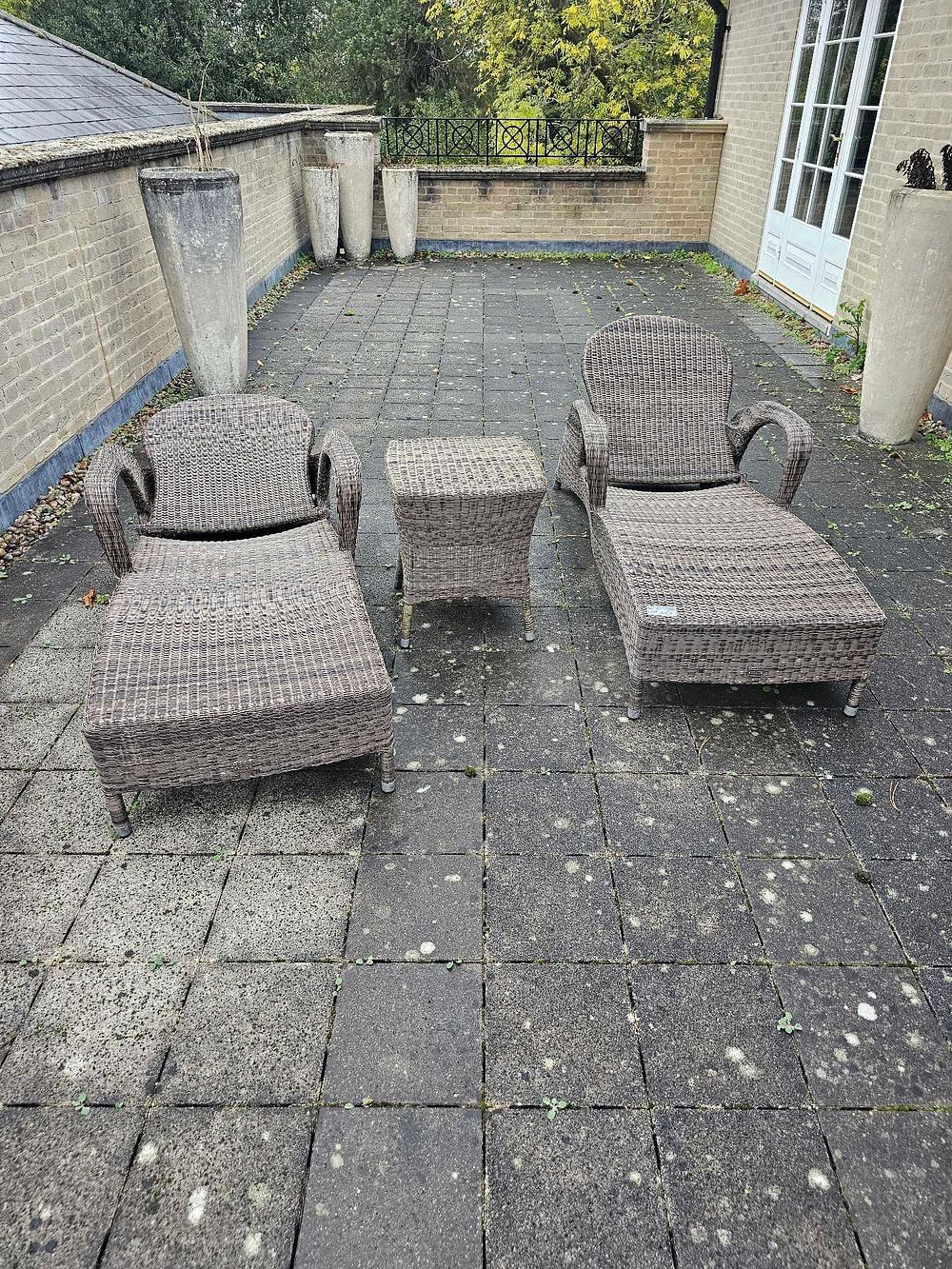 Lot 583: * Bridgman A three-piece outdoor furniture set comprising two chaises longues and one small