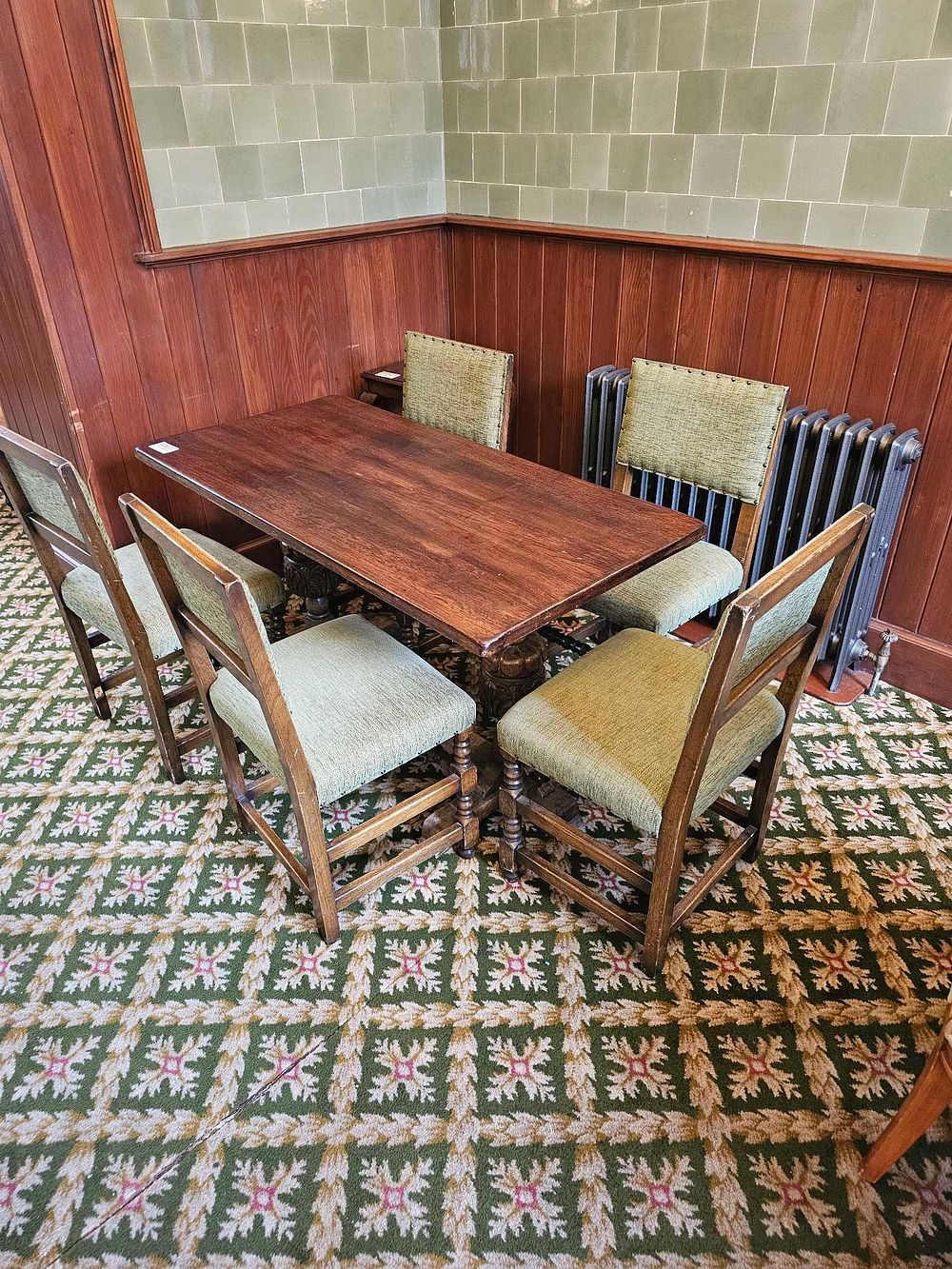Lot 659: * A Oak Jacobean Style dining table and set of fie matching dark-stained solid wood rectangular table