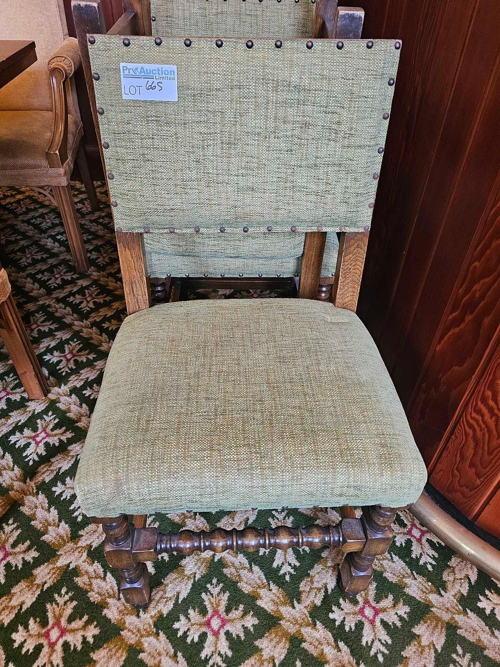 Lot 665: * A set of six Reprodux French Renaissance style oak upholstered dining chairs