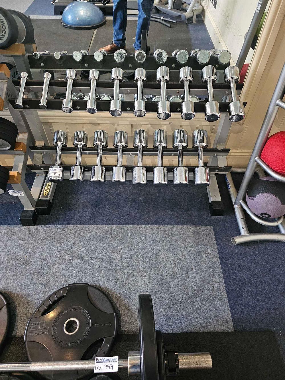 Lot 794: * Technogym rack with a collection of chrome-plated steel dumbbells 1-9kg as photograph