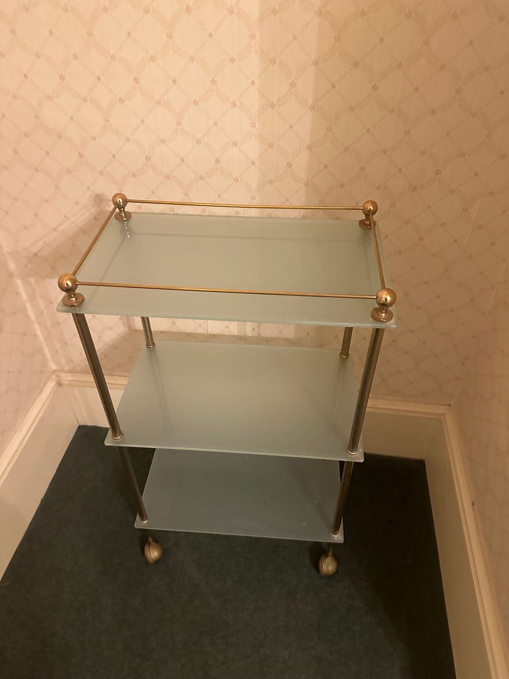 Lot 1652: * Three-Tier Utility Cart – Brass-Tone and Frosted Glass –
