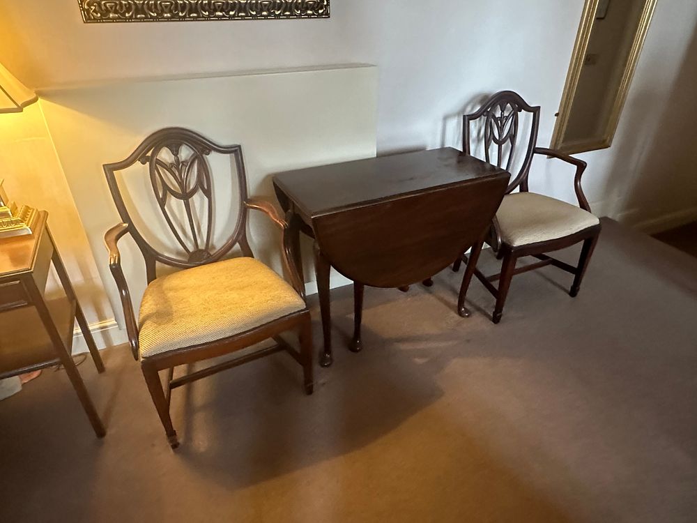 Lot 1717: * Dining Suite – Hepplewhite Style Mahogany Drop-Leaf Table and Pair of Armchairs