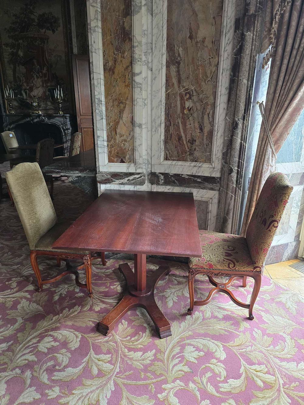 Lot 2017: * Mahogany Rectangular Dining Table and Upholstered Chairs – Rococo Reial Style –