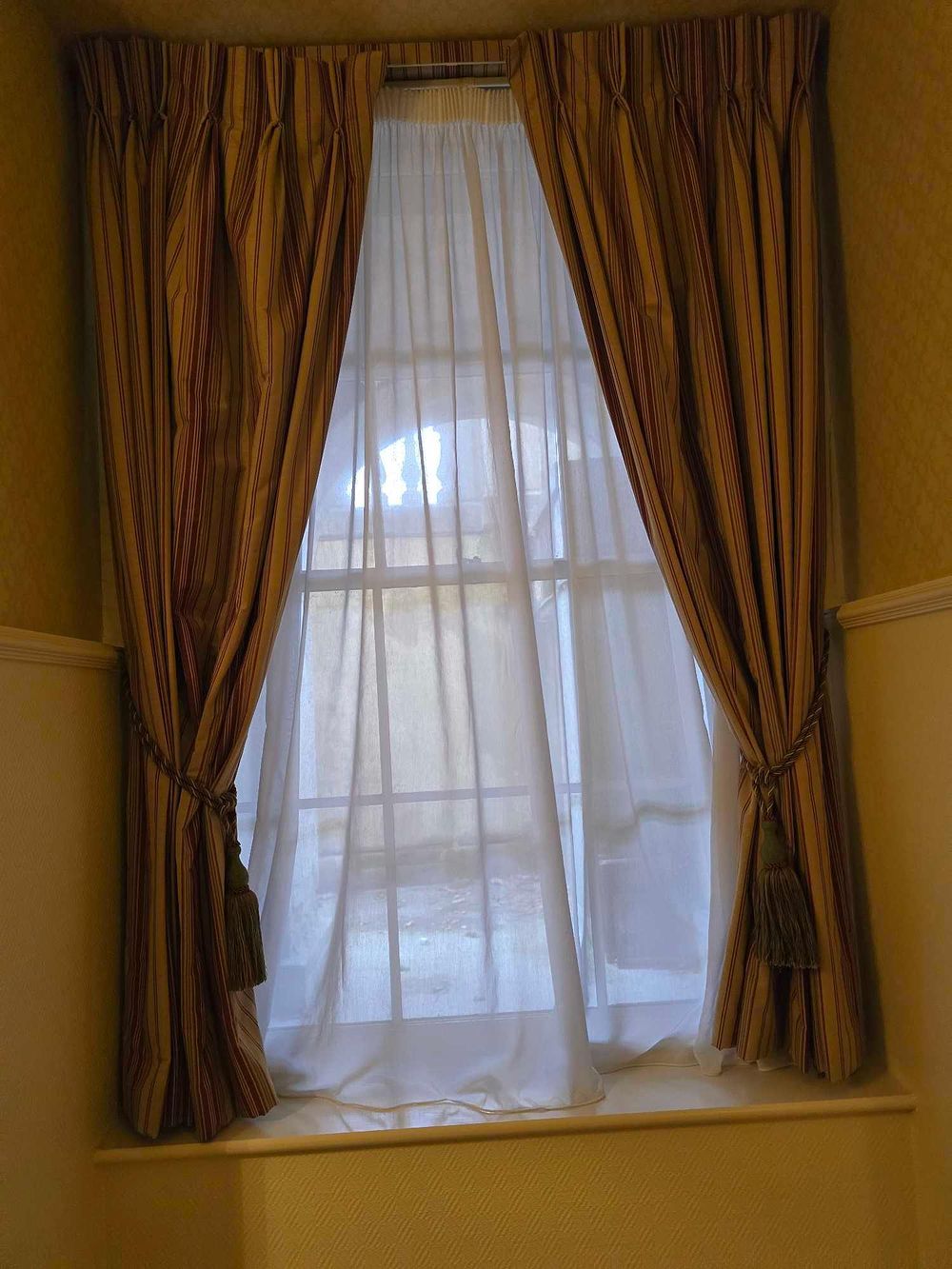Lot 2116: * Pair of pleated curtains – striped textile –