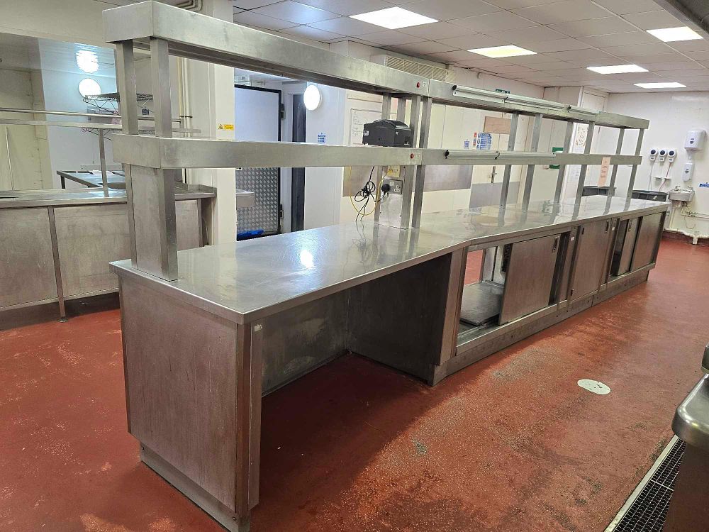 Lot 5042: * Large commercial stainless steel pass prep station with top sheles and cupboards 570 x 80 x 182cm