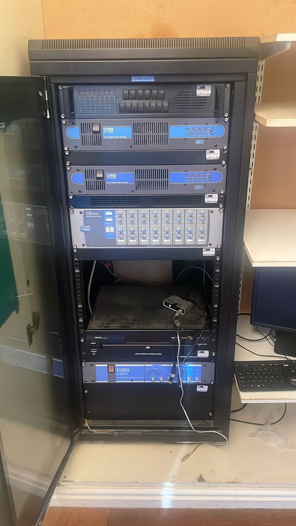 Lot 5054a: * Audio system in rack to include Cloud Z8 Eight-Zone enus Mixer
