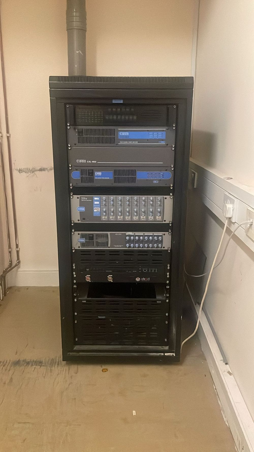 Lot 5054b: * Audio system in rack to include Cloud Z8 Eight-Zone Mixer and amplifiers as photograph
