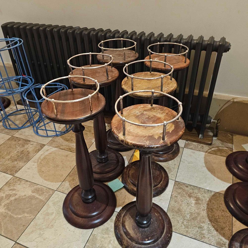 Lot 7088: * 6 x wooden mahogany stained ice bucket stands with top metal rim 69cm tall