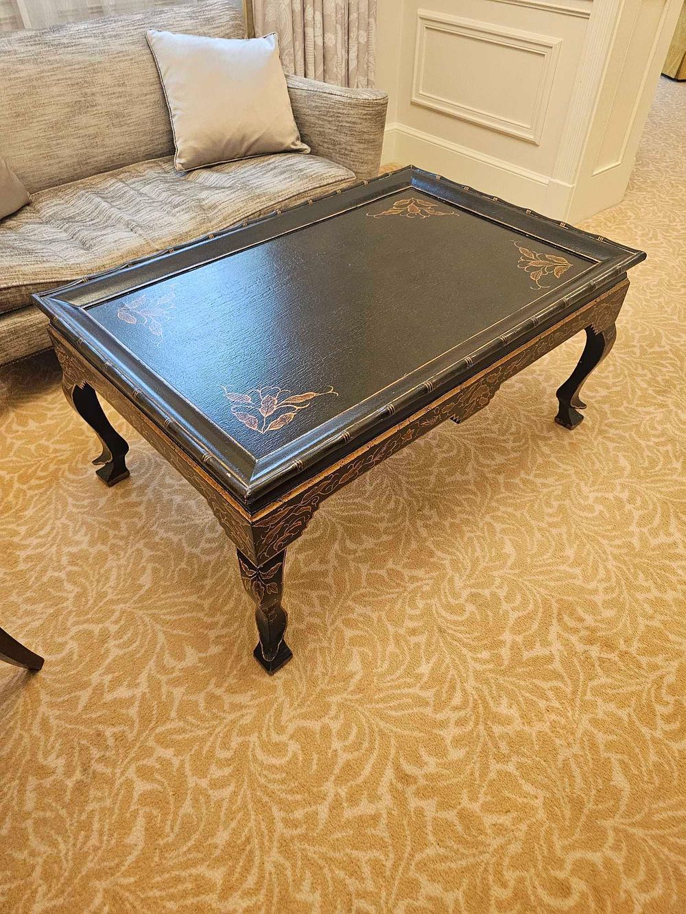 Lot 219: * Regency Revival Coffee Table – Black Lacquer Finish with Floral Inlay