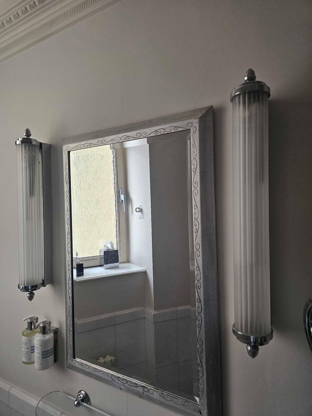Lot 305: * Pair of Chrome and Frosted Glass Fixtures with Art Deco Influence, 60cm Tall
