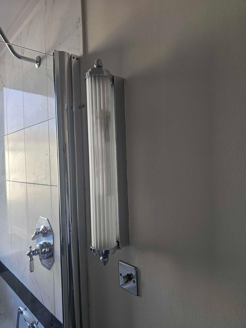 Lot 333: * Pair of Chrome and Frosted Glass Fixtures with Art Deco Influence, 60cm Tall