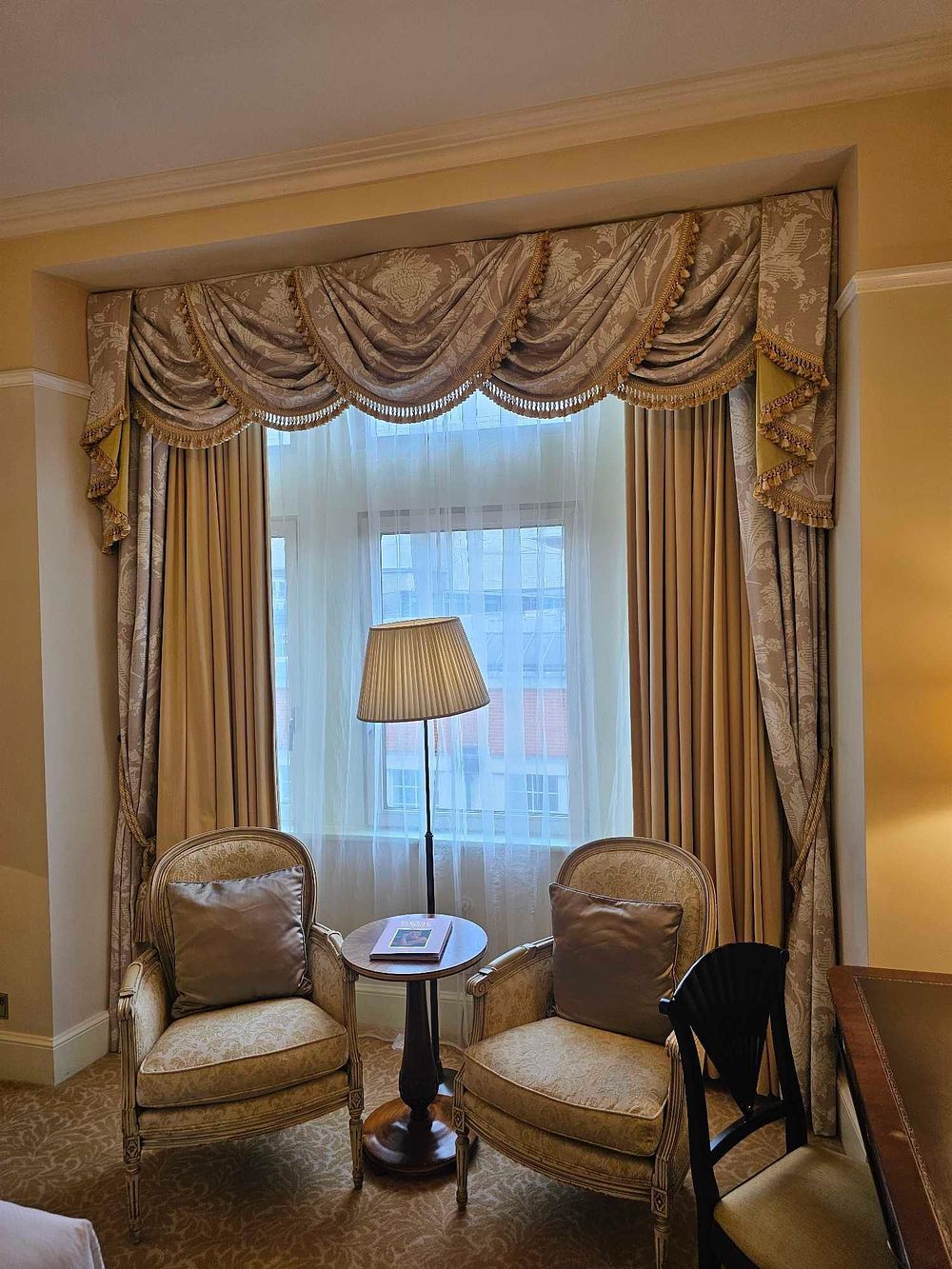 Lot 448: * A pair of silk drapes gold with show curtain to the front span 260cm x 300cm drop { Exludes Ties