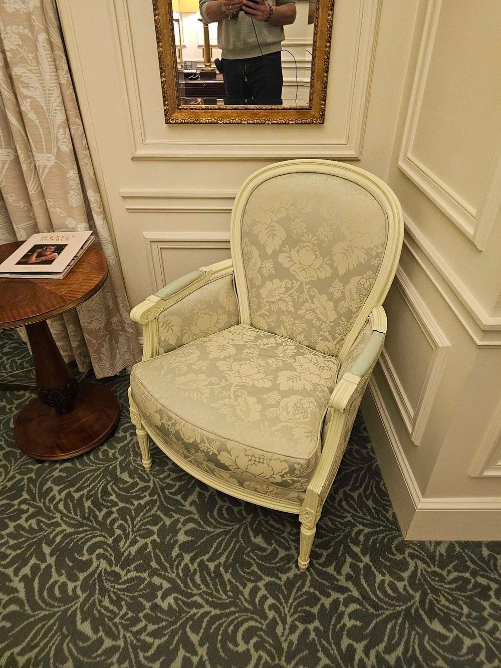 Lot 945: * Louis XVI Style Painted Bergère – Upholstered with Leather Scroll Arms and Fluted Legs