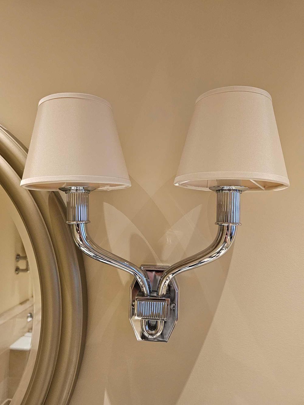 Lot 1017p: * Pair of Wall Lights – Twin Arm Fixtures in Polished Nickel with Ribbed Detailing