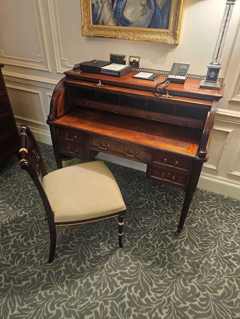 Lot 2217: * Elegant Regency-Style Roll Top Desk & Chair Set