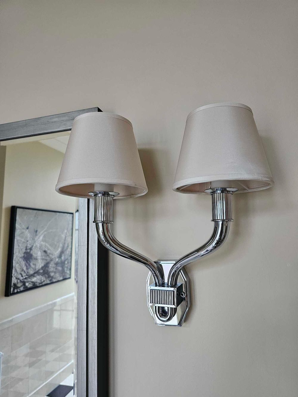 Lot 2287: * Pair of Wall Lights – Twin Arm Fixtures in Polished Nickel with Ribbed Detailing A matching pair of