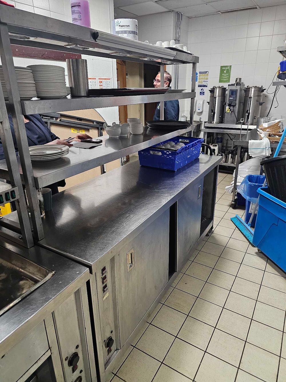 Lot 1045: * Stainless steel chef's pass with integrated hot cupboard base and overhead gantry