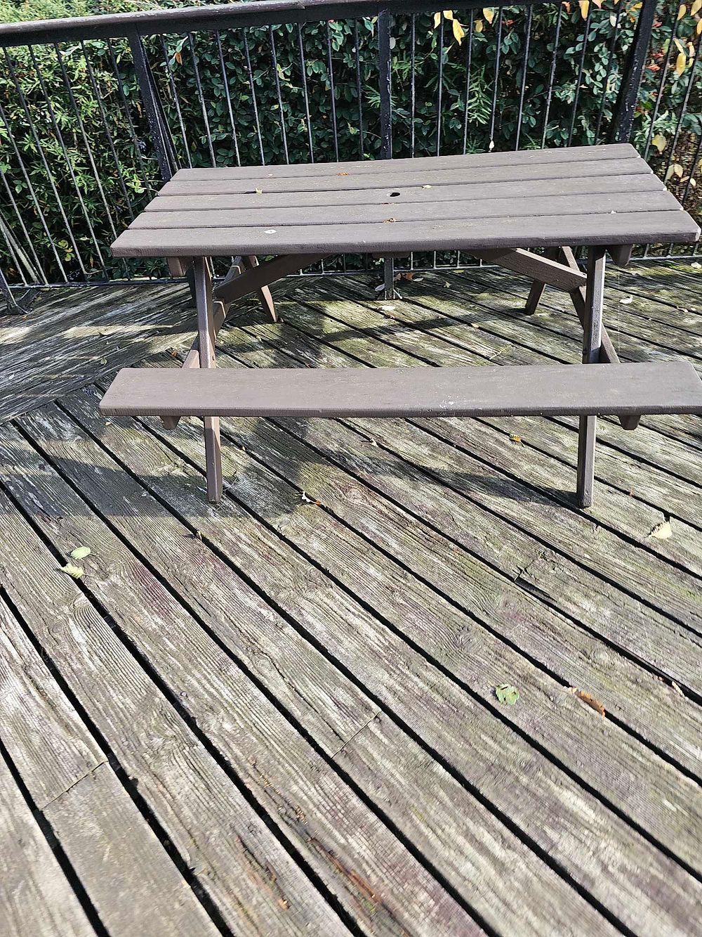 Lot 1177c: * Rectangular wooden picnic table with integrated benches and diagonal brace supports