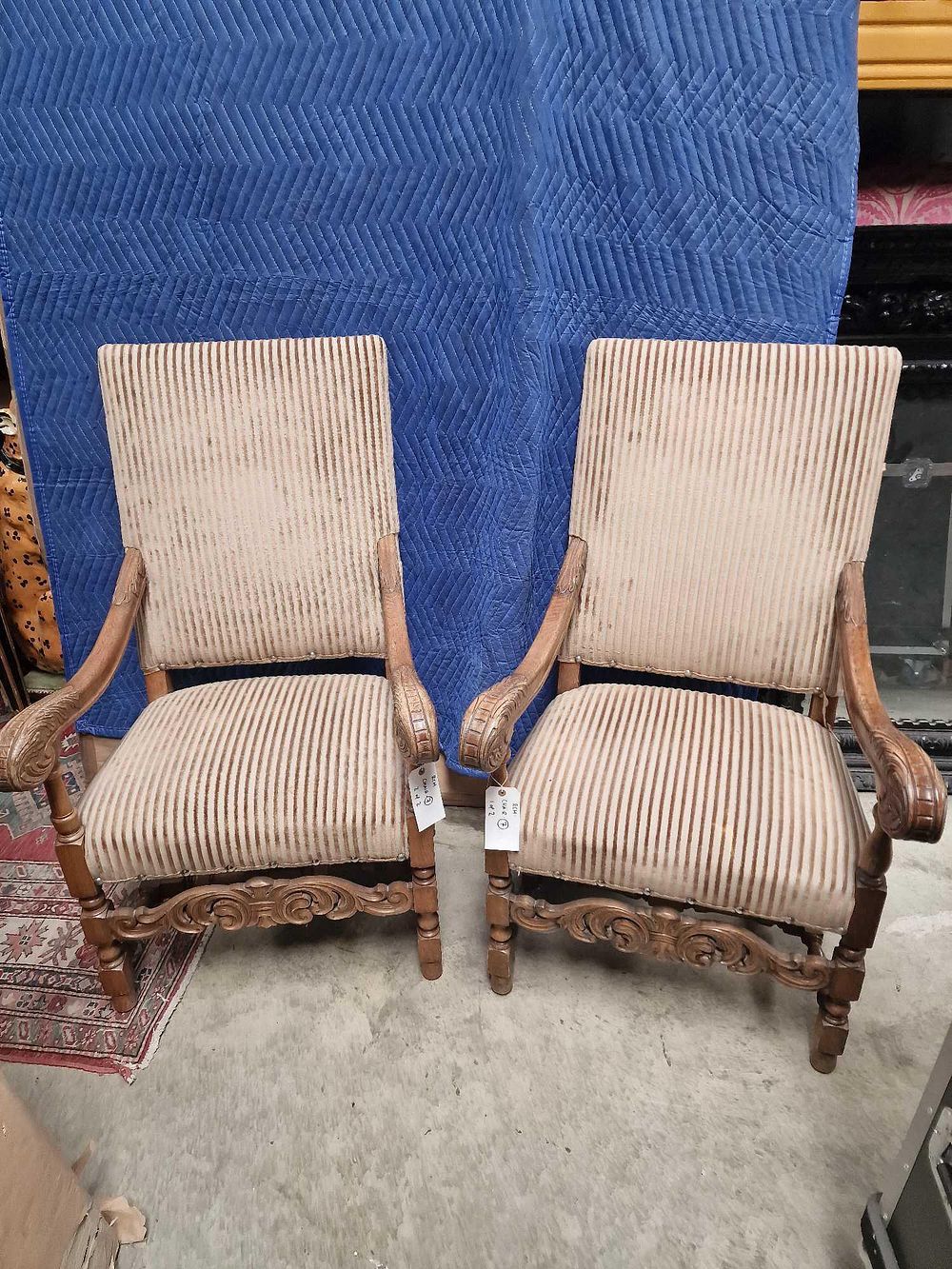 Lot 2013: * A Pair of Carved Walnut Armchairs with Striped Upholstery