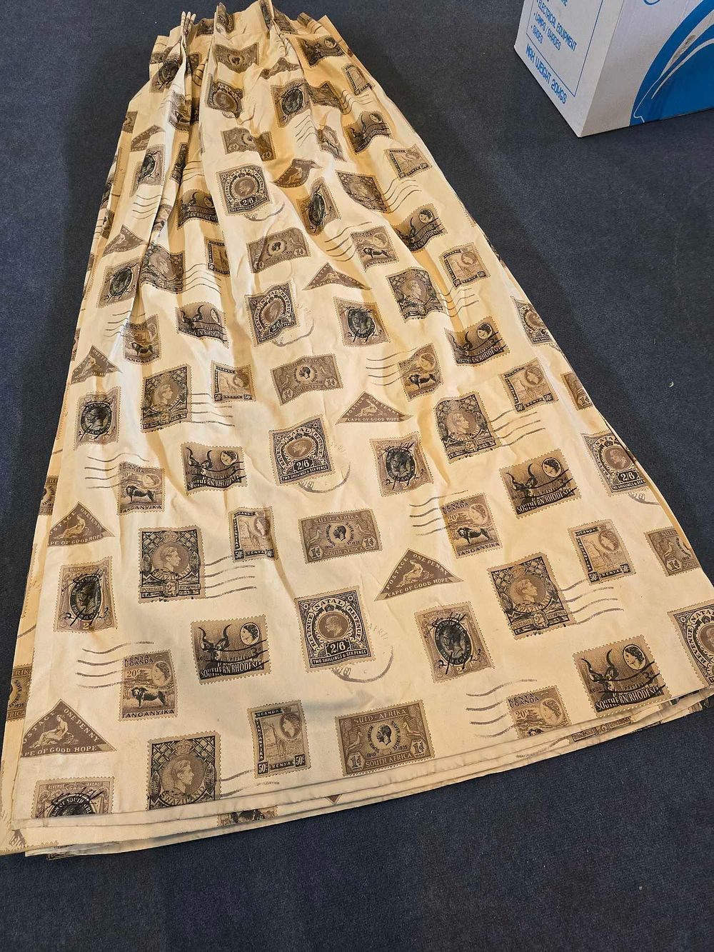 Lot 3025: * A Pair Lined Pencil Pleat Top Of Drapes Cream With Vintage Postage Stamp Various Rectangular And