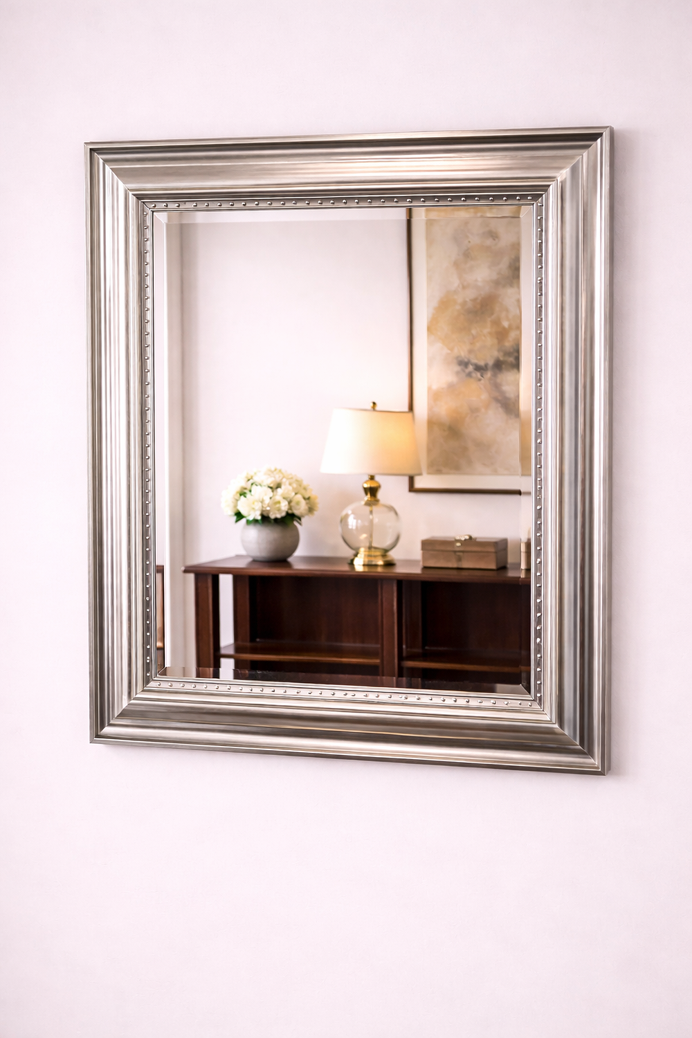 Lot 396: * Framed Wall Mirror – Distressed Silver Block Pattern Frame