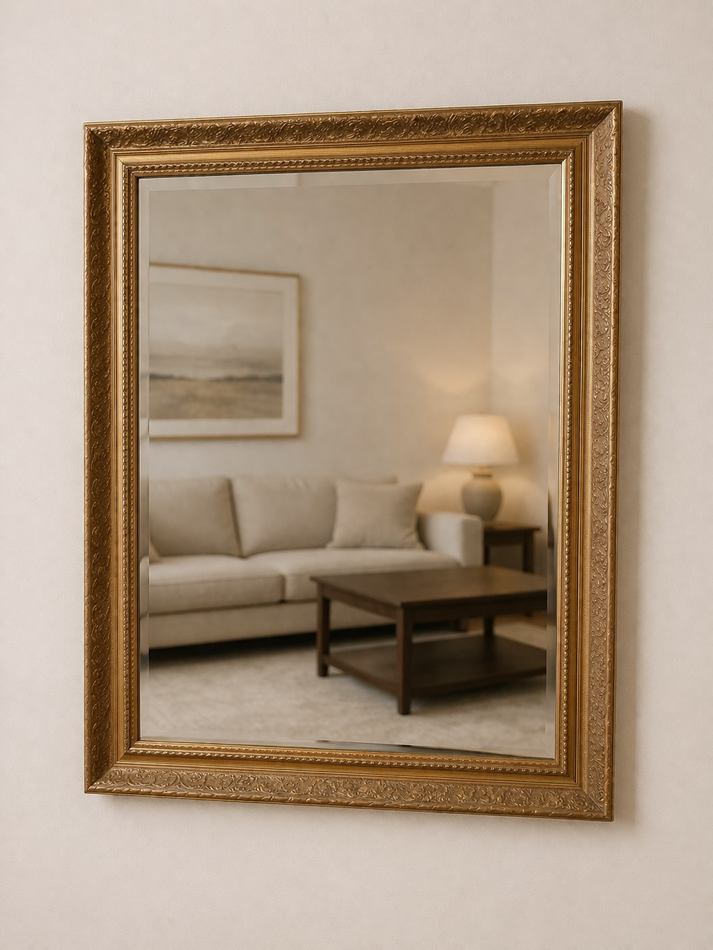 Lot 410: * Gold Patterned Framed Bevelled Mirror