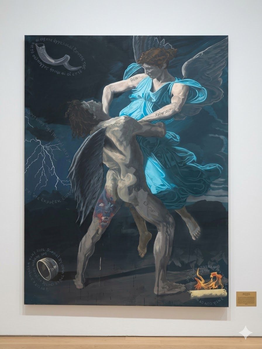 Lot 641: * Acrylic on Canvas — Archangel Michael and the Dragon