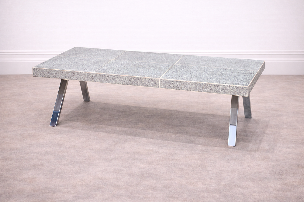 Lot 858: * A rectangular coffee table features a grey faux ostrich leather effect finish across its
