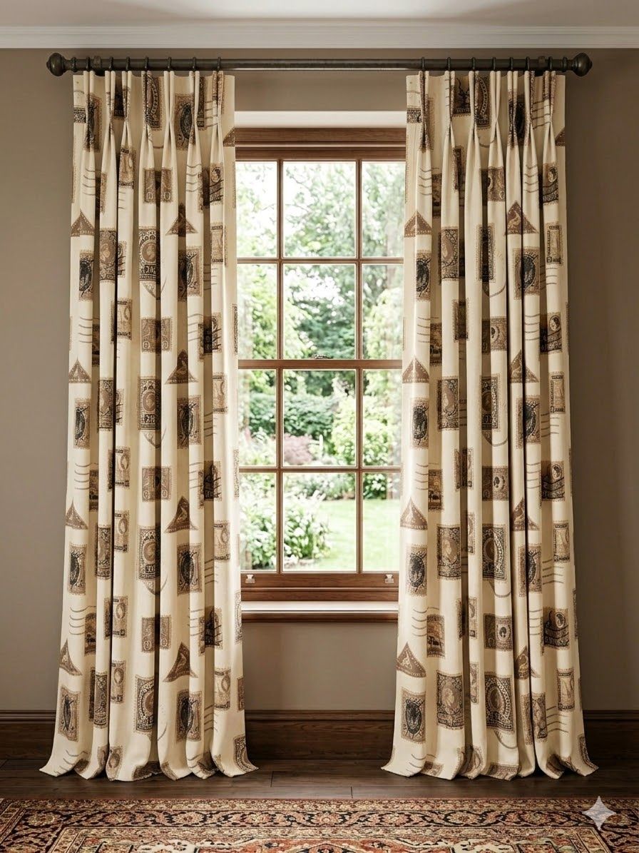 Lot 937: * A Pair Lined Pencil Pleat Top Of Drapes Cream With Vintage Postage Stamp Various Rectangular And