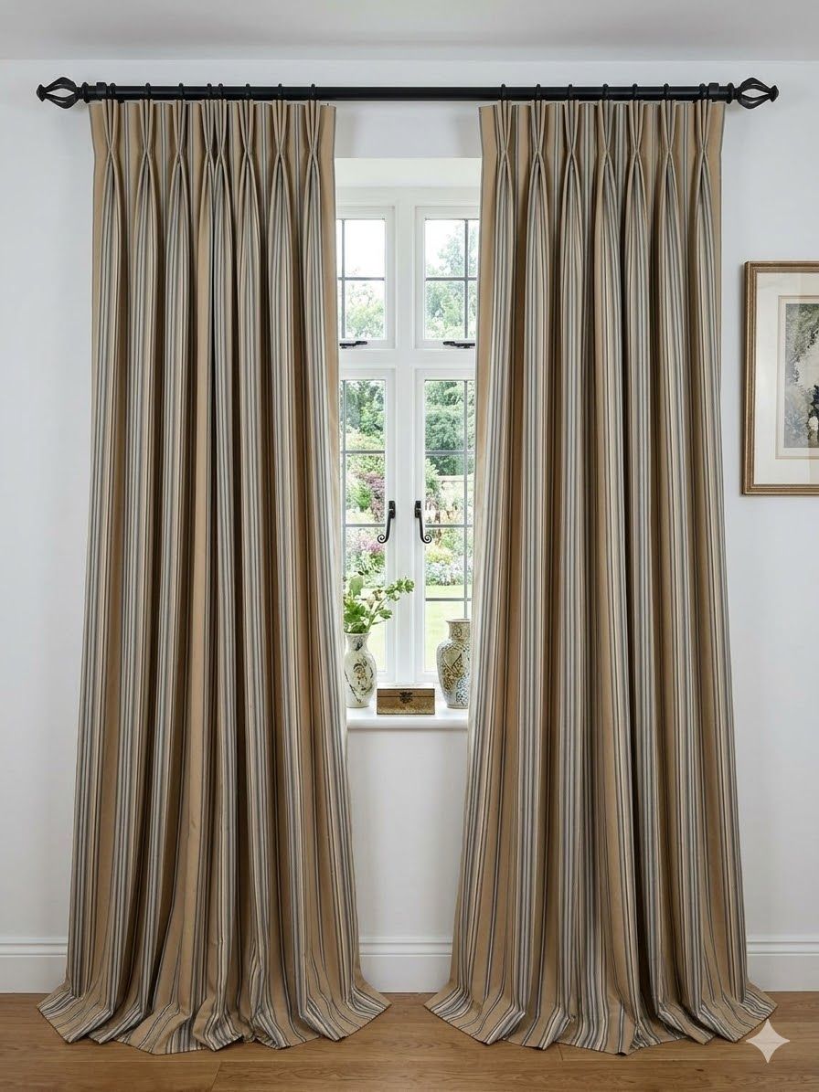 Lot 947: * A Pair Lined Pencil Pleat Top Of Patterned Drapes Gold Tan Muted Base Gives