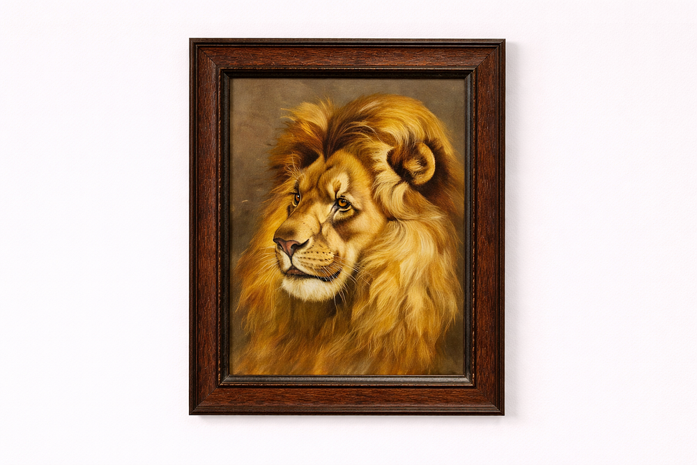 Lot 973: * Framed oil painting on board features a detailed study of a lion's head and upper body