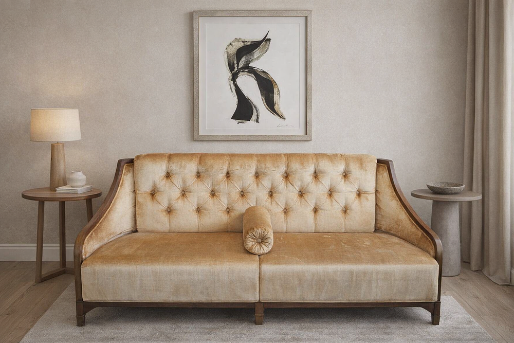 Lot 986: * Edwardian style sofa walnut framed and upholstered in a golden-brown velvet with deep