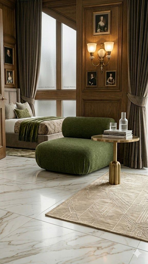 Lot 356: * Boucle Moss Green armless lounge chair upholstered in a rich moss green bouclé fabric