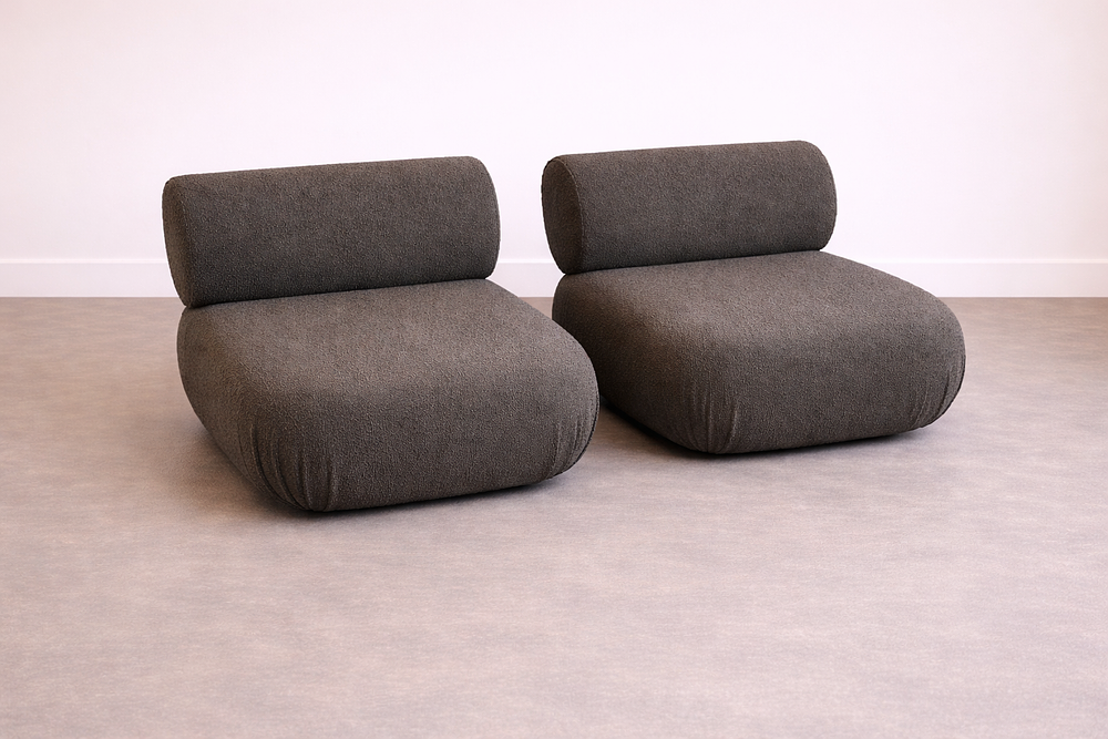 Lot 389: * A pair Boucle Moss Green armless lounge chair upholstered in a rich moss green bouclé fabric