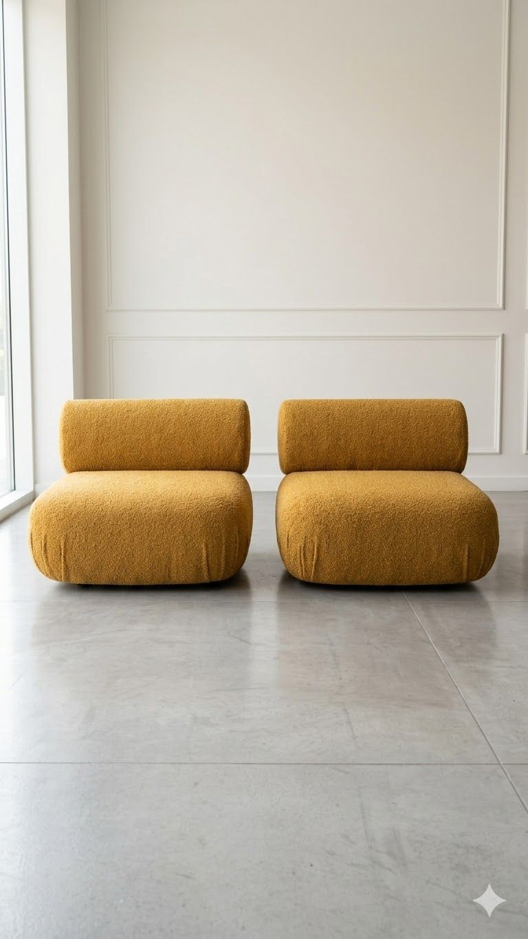 Lot 405: * A Pair of Boucle Mustard armless lounge chair upholstered in a rich mustard tonal bouclé fabric