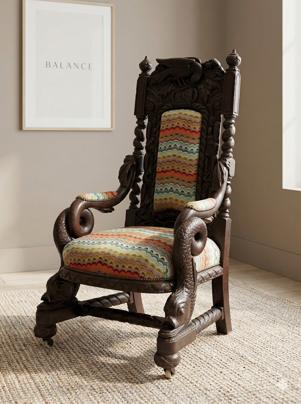 Lot 222: * An exceptional Victorian?style carved oak throne chair is a dramatic fusion of Gothic and