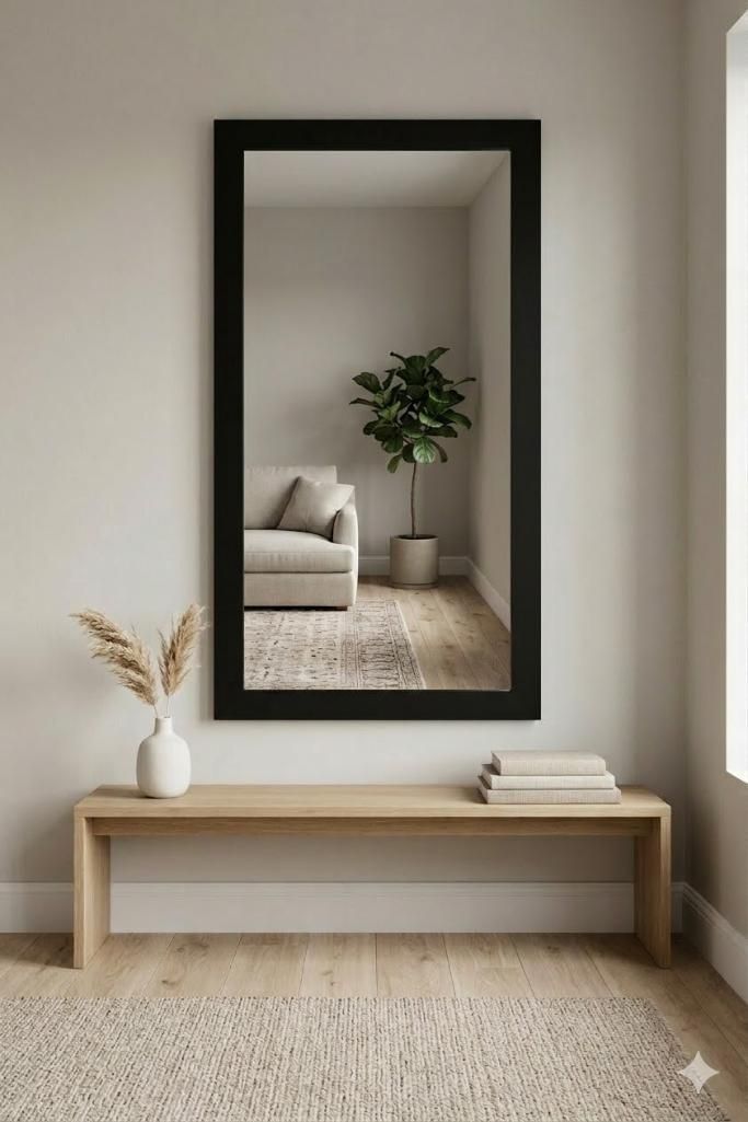 Lot 340: * Modern Full Length Minimalist Mirror in Textured Black Wood Grain