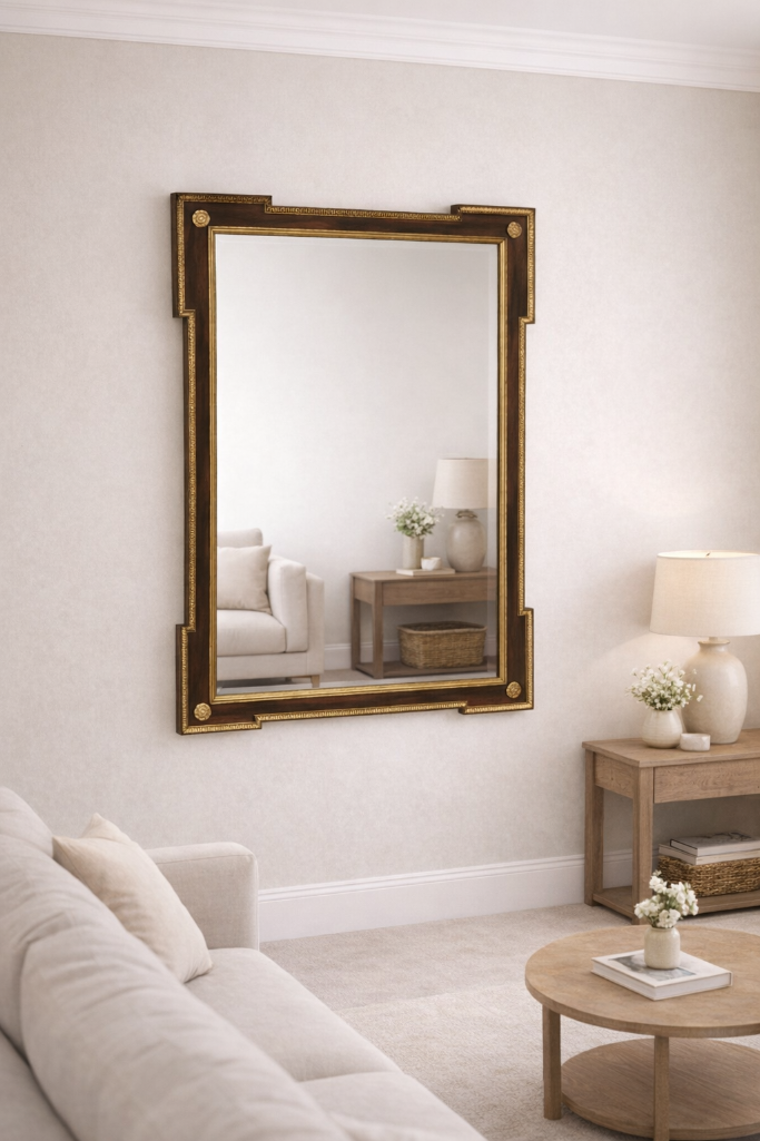 Lot 342: * Rectangular Walnut-Framed Neoclassical Accent Mirror Walnut construction with a deep wood-grain