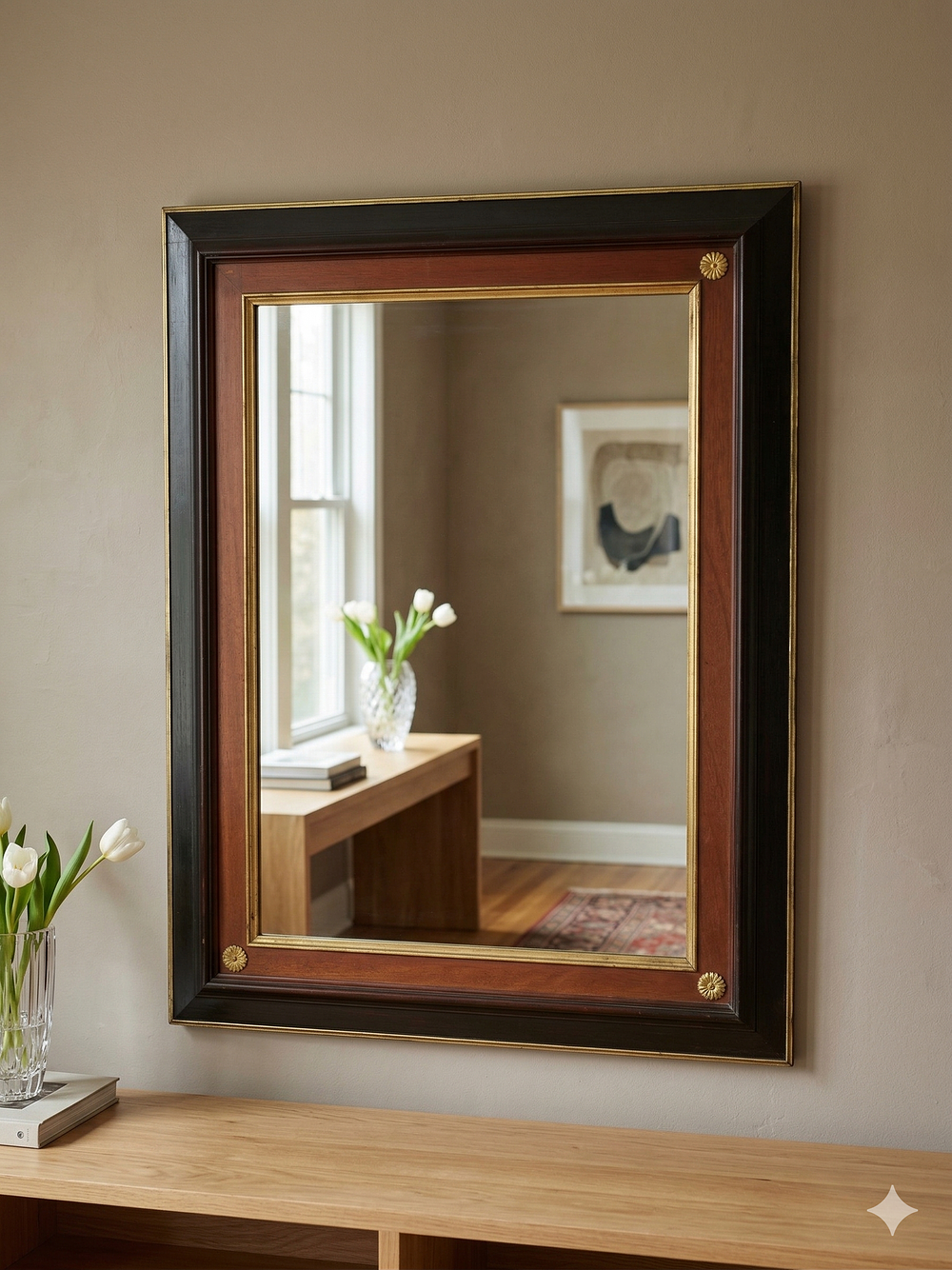 Lot 345: * Rectangular Ebonised and Gilt-Framed Accent Mirror (RC25416) Ebonised and gilt finishes define this