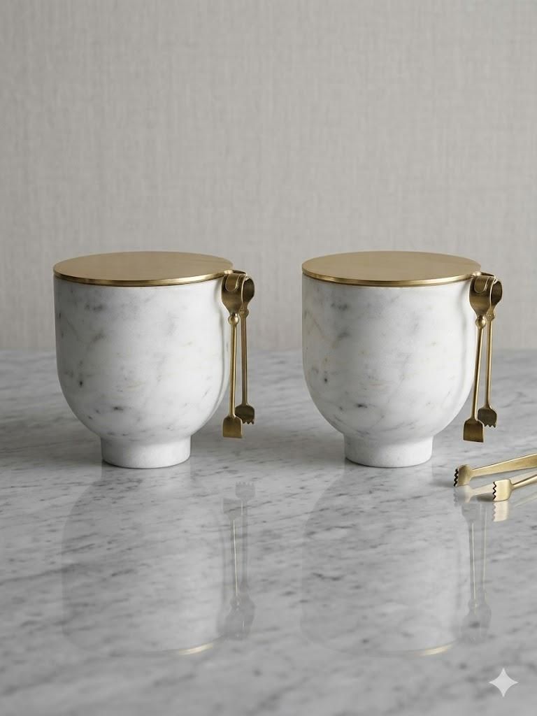Lot 509: * 2 x Honed White Marble Ice Bucket Sets with Brass Hardware