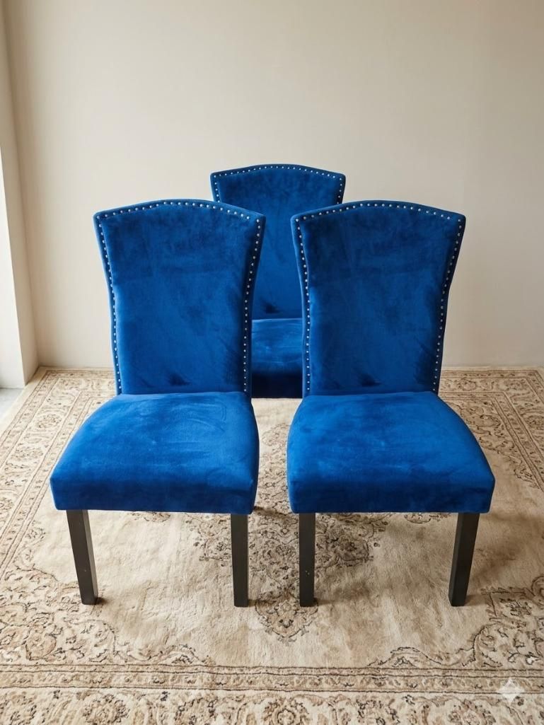 Lot 551: * Set of 3 High-Back Blue Velvet Dining Chairs