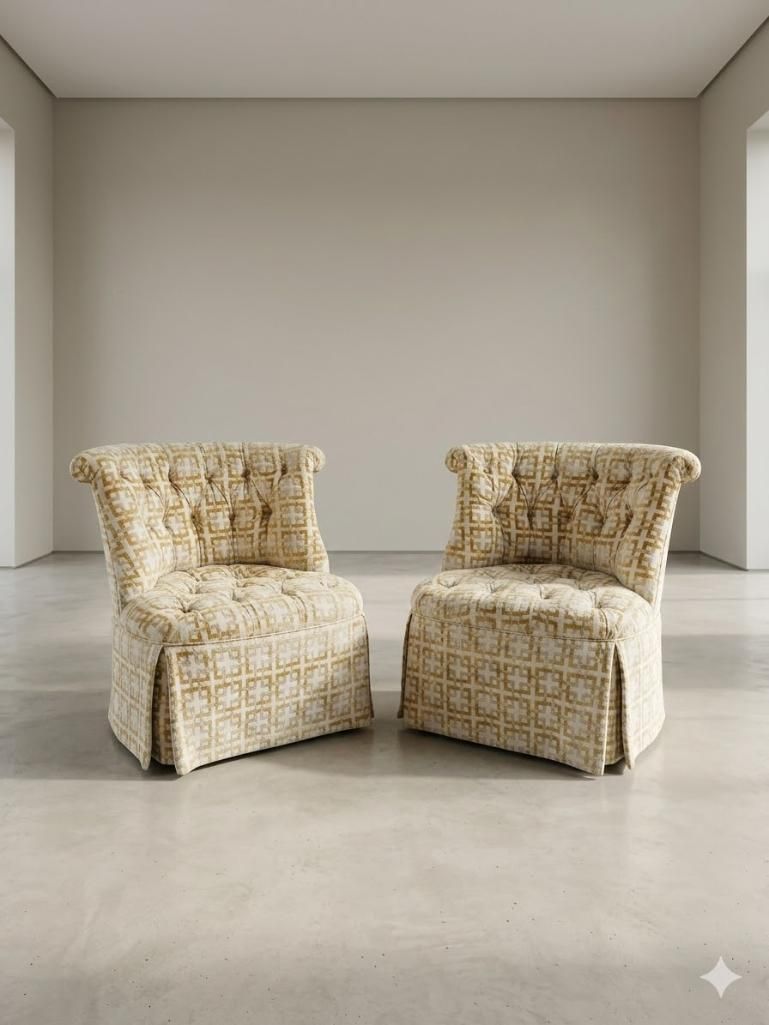 Lot 552: * Pair of Geometric Patterned Accent Chairs with Skirt Valance