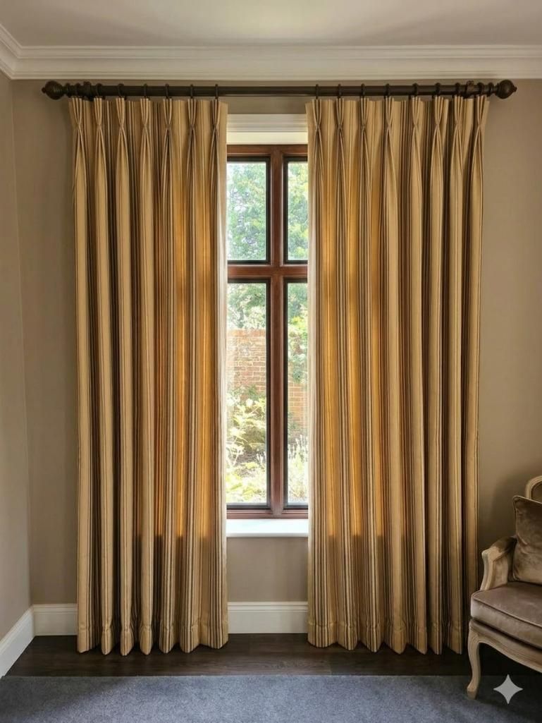 Lot 590: * A Pair Lined Pencil Pleat Top Of Striped Drapes Fabric Is