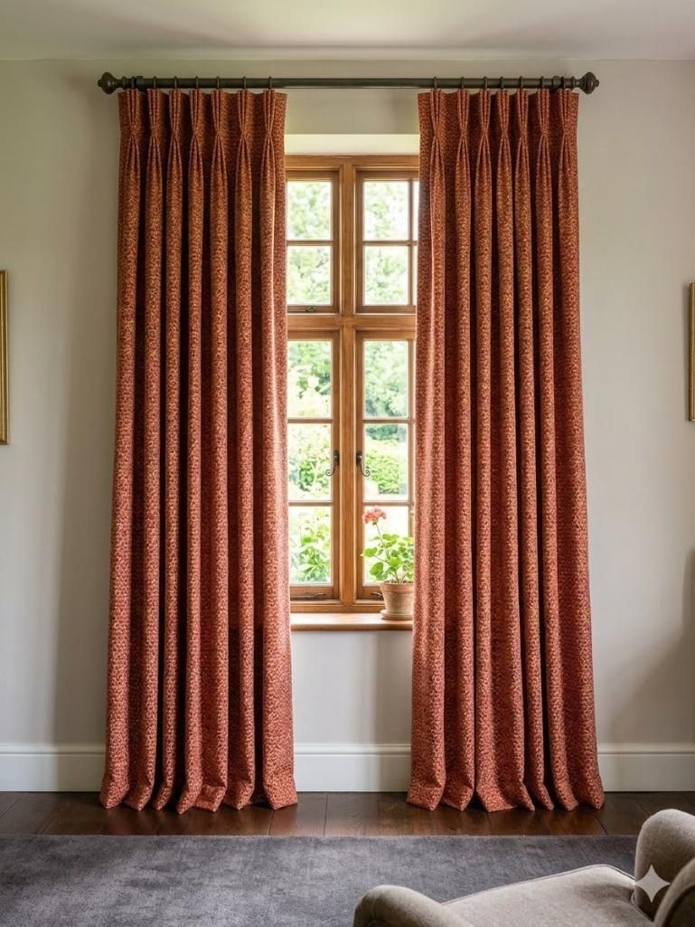 Lot 591: * A Pair Lined Pencil Pleat Top Of Patterned Drapes Warm Terracotta Or Burnt Orange Hue With A And A