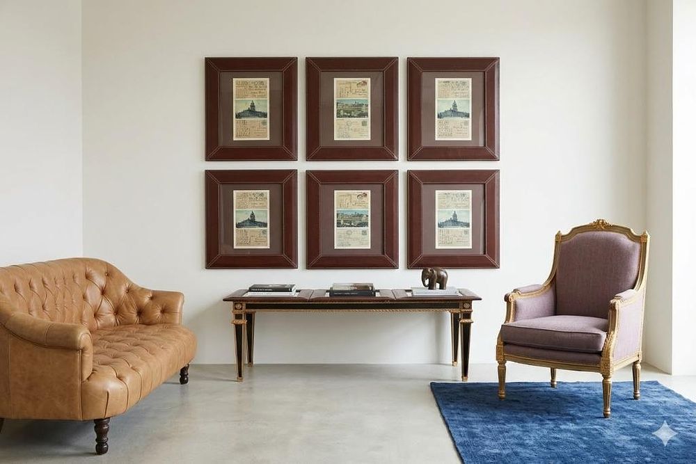 Lot 683: * A Set Of 6 x Leather Framed Vintage Postcard Prints Each 51 x 55cm