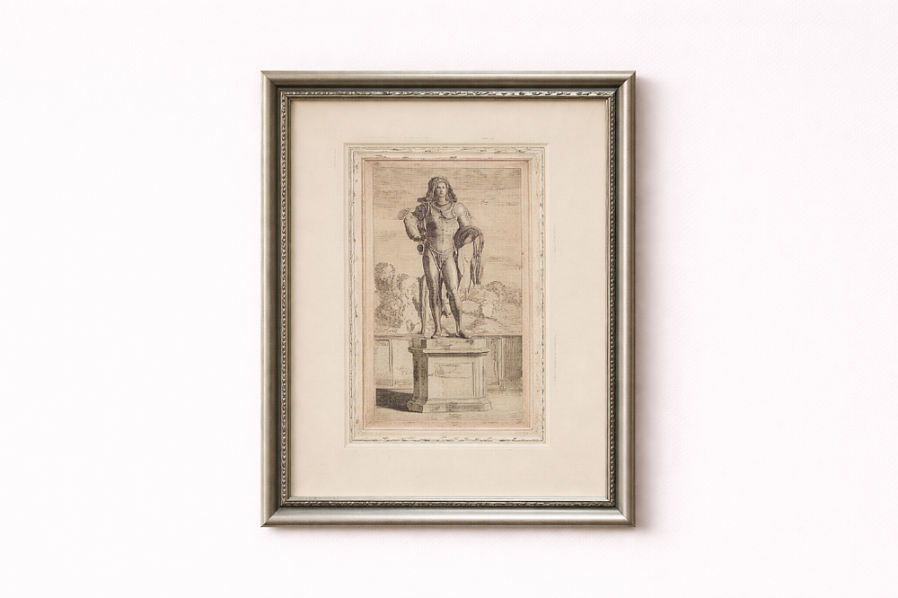 Lot 687: * A glazed and framed print by Dominique Barrière depicts a victorious young Cupid who has donned the