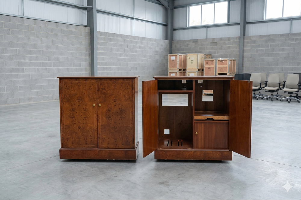 Lot 754: * A pair of two-door cabinets finished in burr alder veneer