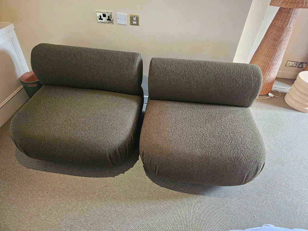 Lot 376B: Boucle Moss Green armless lounge chair upholstered in a rich moss green bouclé fabric