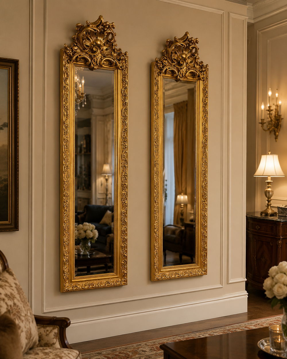 Lot 430: A pair of tall, narrow gilt-framed dressing mirrors