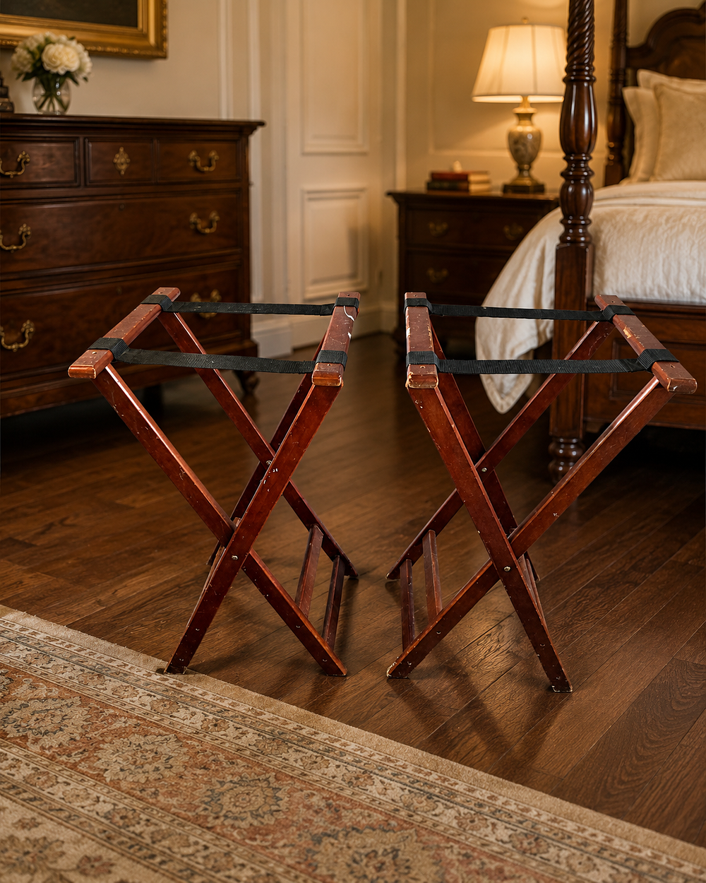 Lot 431: A pair of folding wooden luggage/tray racks, finished in a dark mahogany stain